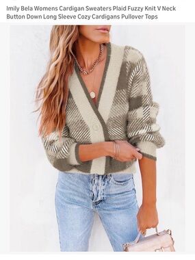 Amazon Plaid Fuzzy V-Neck Cardigan Sweater size medium